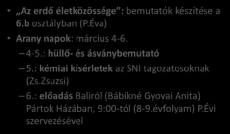 március Az erdő életközössége : bemutatók készítése a 6.b osztályban (P.Éva) Arany napok: március 4-6. 4-5.: hüllő- és ásványbemutató 5.