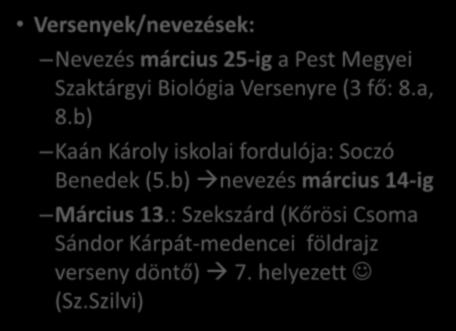 Versenyek/nevezések: Nevezés március 25-ig a Pest Megyei Szaktárgyi Biológia Versenyre (3 fő: 8.a, 8.