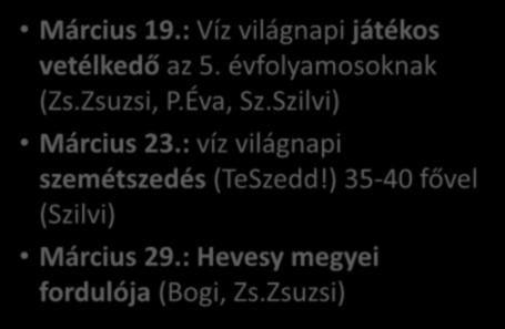 Március 19.: Víz világnapi játékos vetélkedő az 5. évfolyamosoknak (Zs.Zsuzsi, P.Éva, Sz.Szilvi) Március 23.