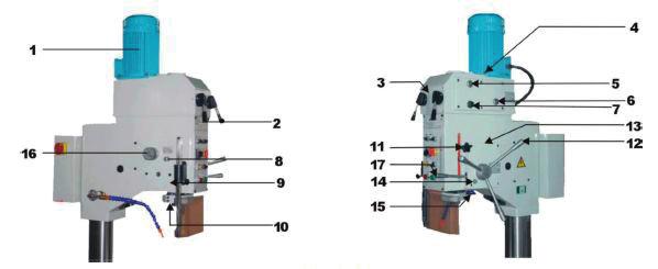 ORSÓSZEKRÉNY (2/2) A GÉP RÉSZEI 1. ábra 1. Villanymotor 10. Kézi működtetésű hajtómű 2. Fordulatszám beállító 11. Mélységütköző 3. Fordulatszám fokozatokat tartalmazó táblázat 12.
