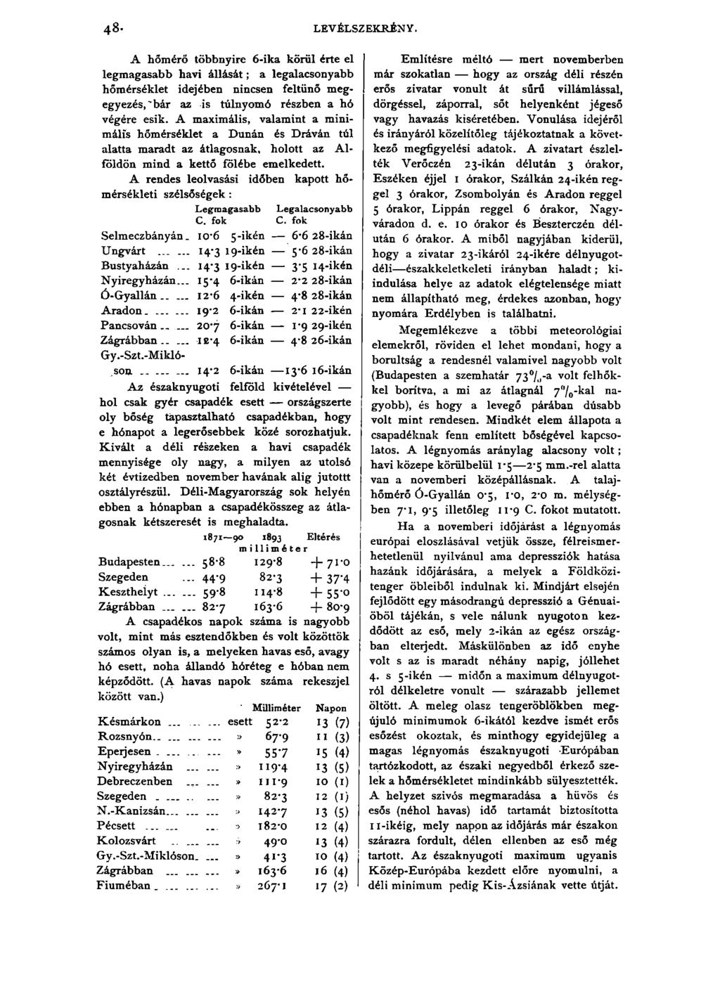 4 8 - LEVÉLSZEKRÉNY. A hőmérő többnyire 6 -ika körül érte el legmagasabb havi állását; a legalacsonyabb hőmérséklet idejében nincsen feltűnő megegyezés,'bár az is túlnyomó részben a hó végére esik.