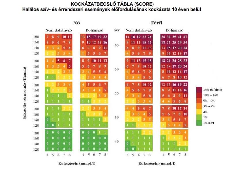1. ábra: SCORE tábla: a 10 éven belül bekövetkező, halálos kimenetelű