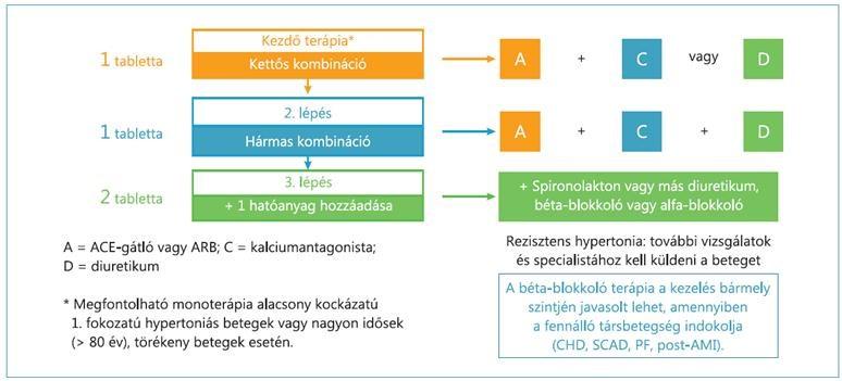 2. ábra. Vérnyomáscsökkentő stratégia nem komplikált hypertonia esetében A hármas kombináció indikációi: Ha a hypertoniás beteg kettős kombinációval nem éri el a vérnyomás célértékét.
