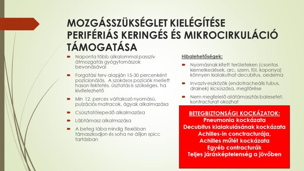 Eszméletlen betegnél a legalább két személlyel, illetve gyógytornász bevonásával végzett passzív mozgatással, masszázzsal az izmok, ínhüvelyek, ízületi tokok rugalmassága megőrizhető és az