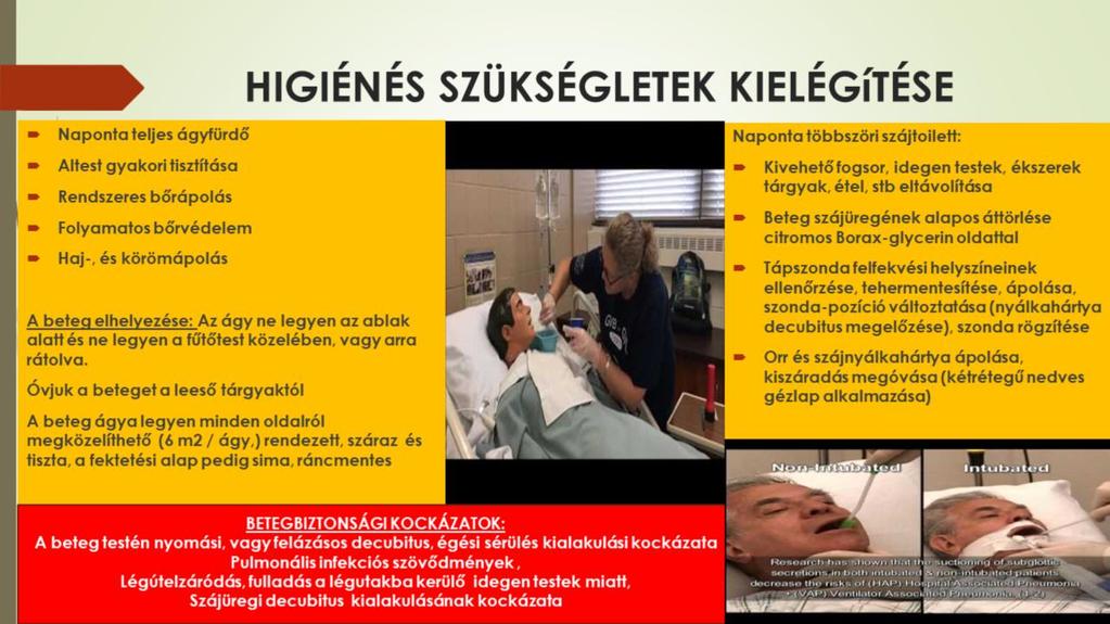A beteg naponta teljes ágyfürdőt, rendszeres bőrápolást bőrvédelmet, haj-, és körömápolást igényel A hason fektetett és lélegeztetett betegeknél különös figyelmet kell fordítanunk a szem- és