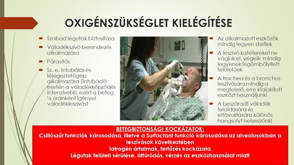 A beteg légzésének segítése, oxigénszükségletének kielégítése kapcsán elsődleges a szabad légutak biztosítása, a szellőztetés és a párásítás.