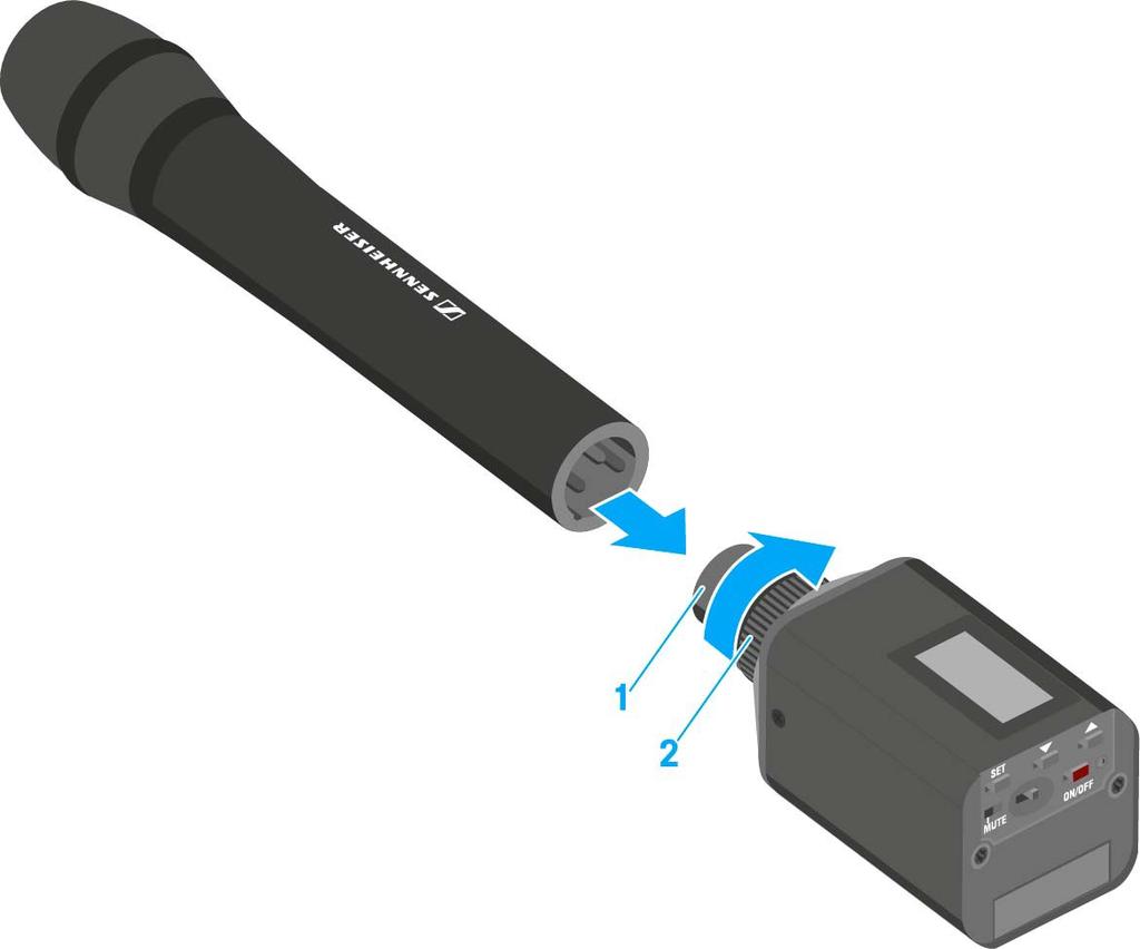 Az SKP 100 G4 telepítése A plug-on adóegység rögzítése a mikrofonhoz Az optimális jelátvitelhez fémházzal rendelkező mikrofonok használata szükséges.