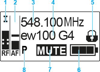 Az EK 100 G4 használata Kezdőképernyő A vevőegység bekapcsolását követően a kijelző először a Sennheiser logót mutatja. Rövid idő elteltével megjelenik a kezdőképernyő.