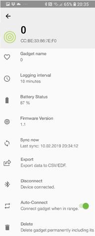 Mi már korábban megadtuk a 0 nevet, Logging interval lehetőséget kínál a mérési intervallum kiválasztására: 1s, 10s, 1 perc, 5 perc, 10 perc, 1 óra, 3 óra Battery Status az akkumulátor állapotát