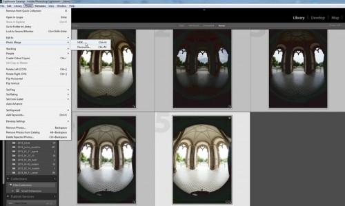 Több expozícióval készült felvételeket lehet egy nagy dinamikai tartományú képpé egyesíteni. Itt öt expozíció készült. Kijelölés után Photo Photo Merge HDR.