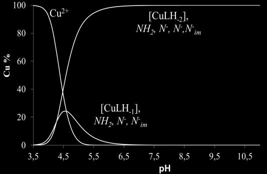 ábra: A Cu(II)-NH 2 - GGHSSNN rendszer ph-függő UV-Vis spektrumai (c Cu(II) =c L = 3 10 3 M) 46. ábra: A Cu(II)-NH 2 -GGHSSNN rendszer CDspektrumai (c Cu(II) =c L = 3 10 3 M).