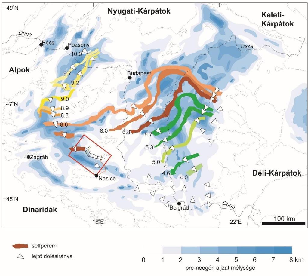 1. ábra: A vizsgált terület MAGYAR et al. 2013 ábráján. Az ábrán látszik, hogy a selfperem valamikor 8 és 6,8 millió év közötti időszakban ért a terület északi sarkába.