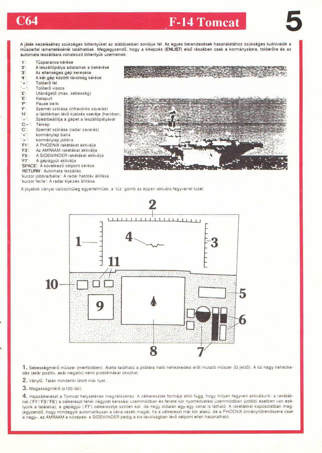 C64 e 5 F-14 Tomcat A játék kezeléséhez szukséges billentyűket az alábbiakban soroljuk tel. Az egyes berendezések használatához szükséges tudnivalók a műszerfal Ismertetésénél találhatóak.