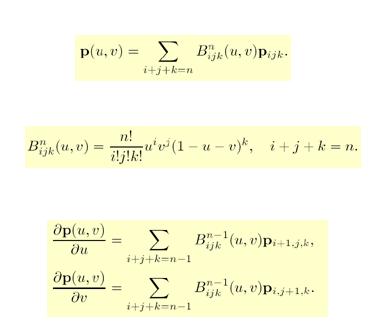 Bézier felület - deriváltak Bézier háromszög A görbéknél látottakat felhasználva a deriváltak általánosan a következőképpen néznek ki: A paramétertartomány legyen háromszög alakú! m!n! u r,v sb(u, v) = ahol (n r)!