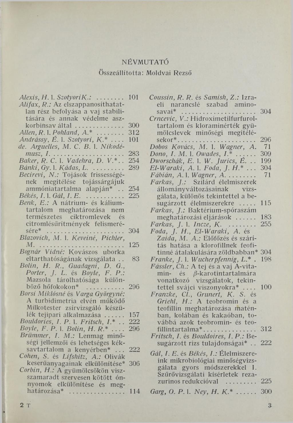 NÉVMUTATÓ Összeállította: Moldvai Rezső Alexis, H. 1. SzotyoriK.:... 101 Alifax, R.: Az elszappanosíthatatlan rész befolyása a vaj stabilitására és annak védelme aszkorbinsav á lta l... 300 Allen, R.