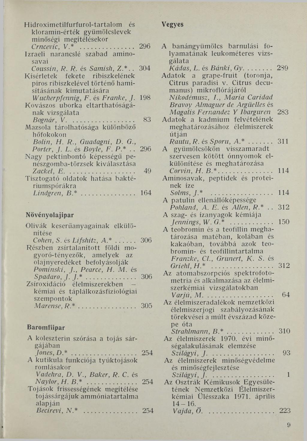 Hidroximetilfurfurol-tartalom és kloramin-érték gyümölcslevek minőségi megítélésekor Crncevic, V.*... 296 Izraeli narancslé szabad aminosavai Coussin, R. R. és Samish, Z *.