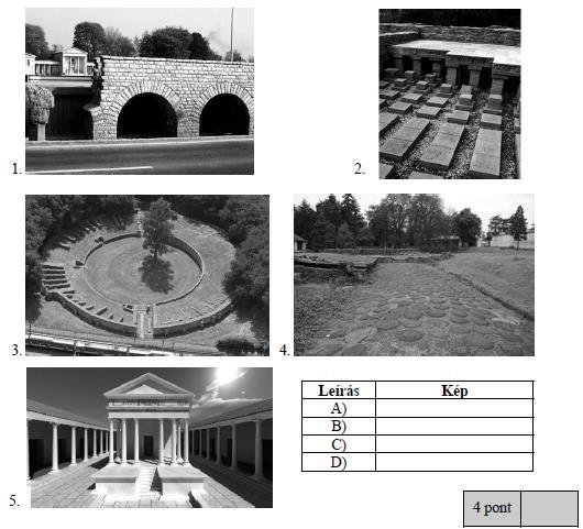 32. feladat A feladat Pannónia római kori történetével kapcsolatos. Párosítsa a leírásokat a megfelelő képekkel! Írja a képek sorszámát a táblázatba! Egy kép kimarad. (Elemenként 1 pont). 2011.