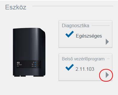 A MŰSZERFAL ÁTTEKINTÉSE Belső vezérlőprogram A Belső vezérlőprogram rész a My Cloud EX2 Ultra eszközre töltött belső vezérlőprogram aktuális verzióját mutatja.