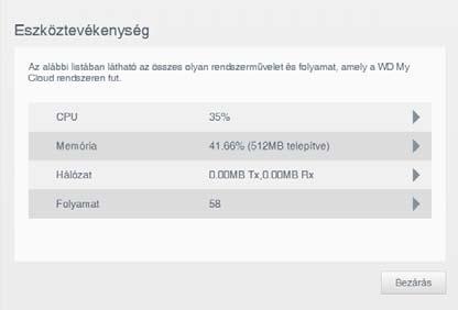 A rendszer teljes aktivitásának és a My Cloud EX2 Ultra eszközön futó folyamatoknak a megtekintéséhez kattintson a panel jobb oldalán