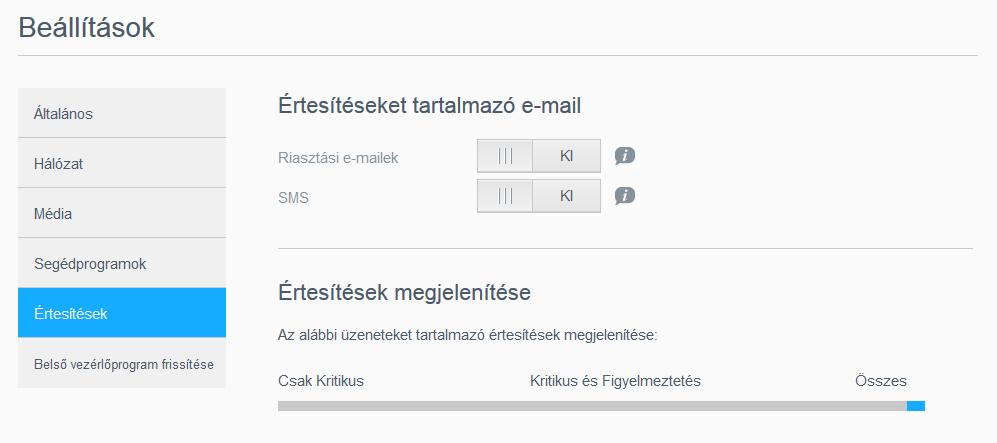 Az oldal Értesítések része lehetővé teszi maximum öt felhasználó e-mail beállítását, akik értesítést kaphatnak, valamint SMS figyelmeztetések beállítását mobil eszközök számára, illetve a