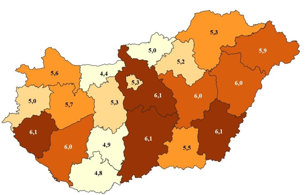 3. ábra: Attitűdök: mennyire alakulnak jól az ország dolgai kérdés átlaga megyei bontásban.