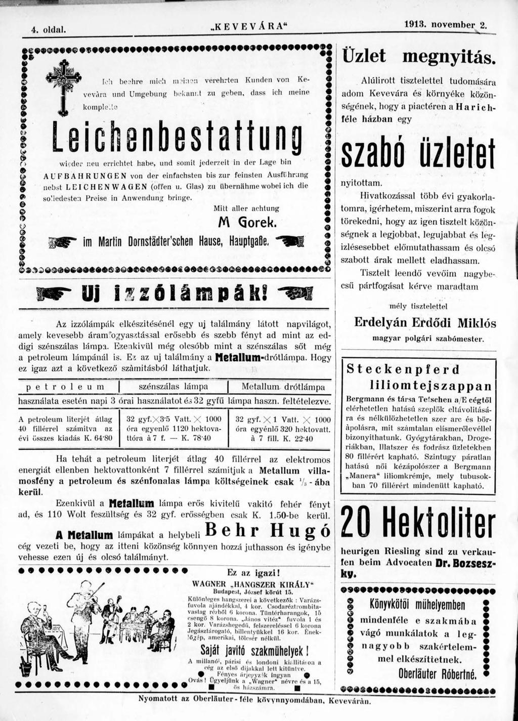 4. oldal..k E VE V Á R A 1913. november 2. Üzlet megnyitás.