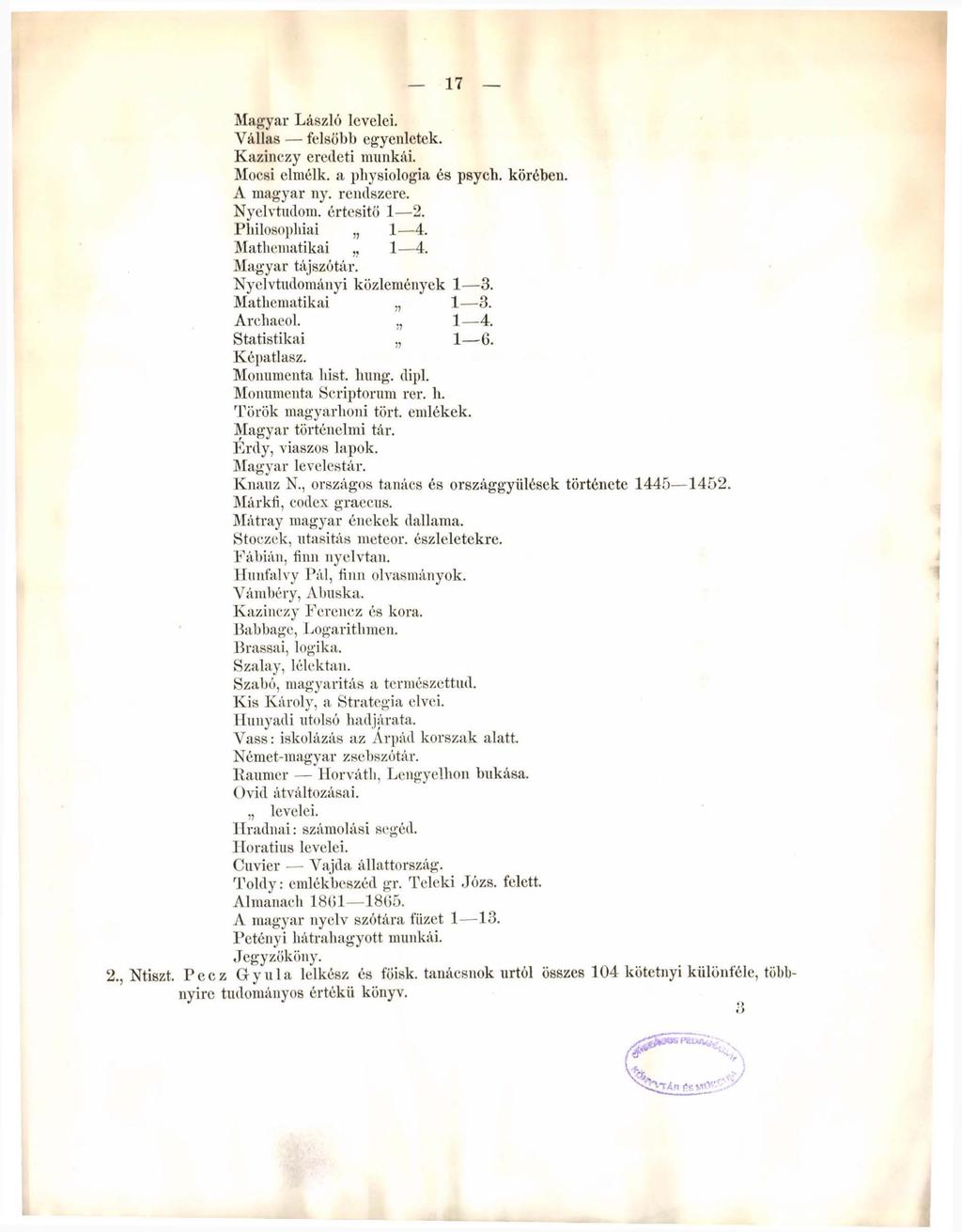 17 Magyar László levelei. Vállas felsőbb egyenletek. Kazinczy eredeti munkái. Mocsi elméik, a physiologia és psych, körében. A magyar ny. rendszere. Nyelvtudom, értesitö 1 2. Pbilosopliiai 1 4.