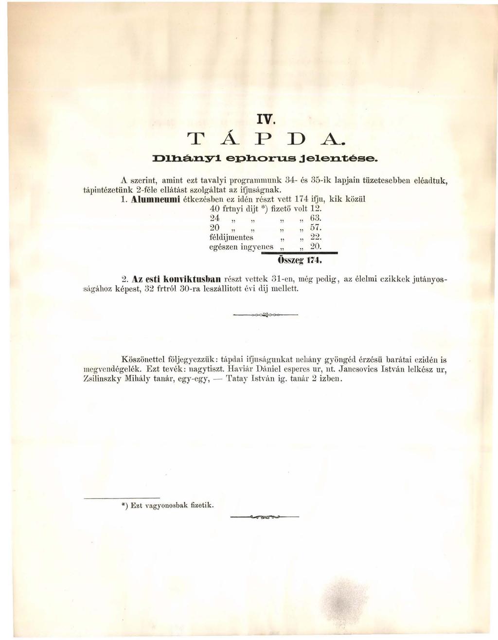 IV. T A i» I ) a. Dlhányl epliorus Jelentése. A szerint, amint ezt tavalyi programmunk 34- és 35-ik lapjain tüzetesebben eléadtuk, tápintézetünk 2-féle ellátást szolgáltat az ifjúságnak. 1.