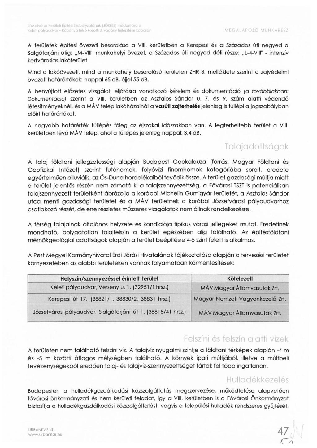 Keleti pályaudvar - Kőbánya felső közötti 3. vágány fejlesztése kapcsán '1EGAL APO ZO MUNKARÉS/ A területek építési övezeti besorolása a VIII.