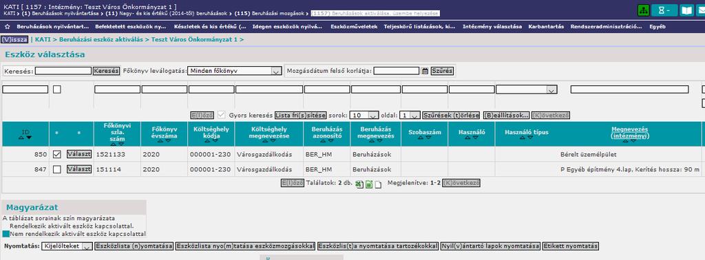 A beruházást a (114) Rögzített tételek módosítása, törlése,