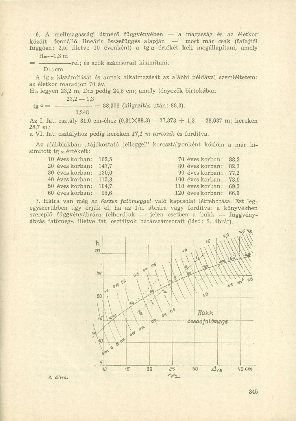 6. A mellmagassági átmérő függvényében a magasság és az életkor között fennálló, lineáris összefüggés alapján most már csak (fafajtól függően: 2,5, illetve 10 évenként) a tg a értékét kell