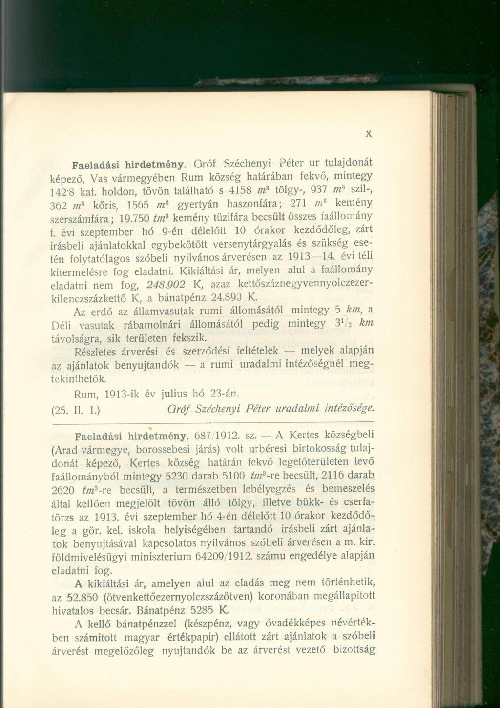 Faeladási hirdetmény. Gróf Széchenyi Péter ur tulajdonát képező, Vas vármegyében Rum község határában fekvő, mintegy 142-8 kat.