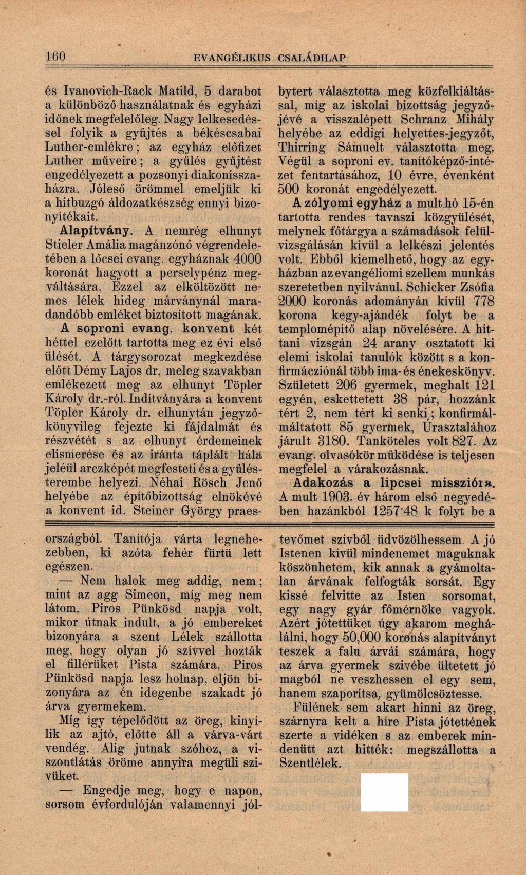 160 EVANGÉLIKUS CSALÁDILAP és Ivanovich-Rack Matild, 5 darabot a különböző használatnak és egyházi időnek megfelelőleg.