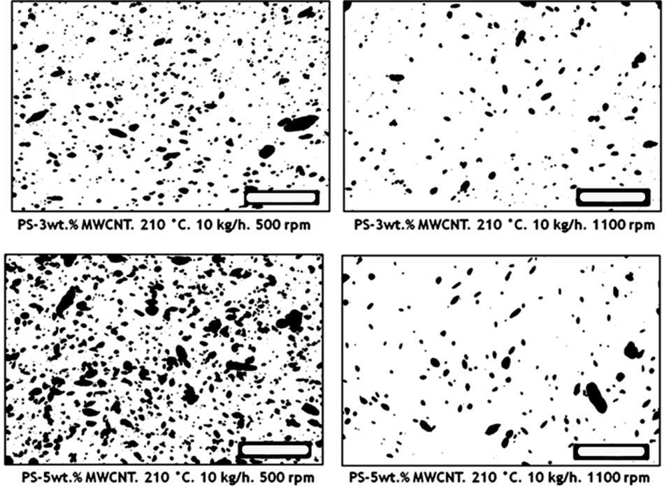 4. Ábra. 3- ill. 5 m% nanocsővel adalékolt polisztirol kompozit transzmissziós optikai mikroszkópos képeiből készült bit-térképek. Az 5.