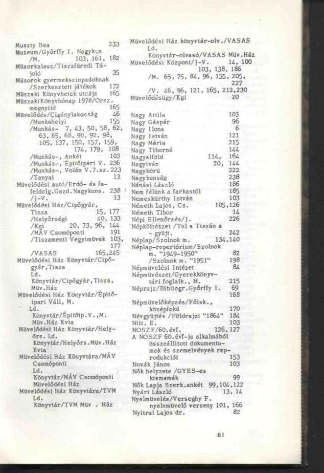 KÖnyvlár-oliasí/VASAS MUi.Hil velődén Kűjponl/I-V. 14. 100 103. 138, 186 /M. 65, 75. Sí, 96. 155. 205. /V. 16.96. 121. 165, 212.230 helyi 155 65. 68. 98. 63. 90. 92. Nagy Islván 105, 137.