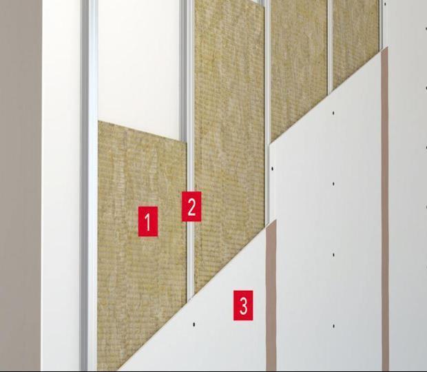 1. ROCKWOOL Airrock XD szigetelés 2. CW profil 3. gipszkarton lemez (4. UW profil) UW vízszintes profil melyet az aljzathoz és a mennyezethez dűbelezünk.