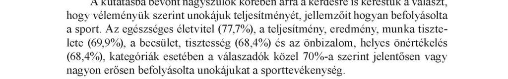 A különböző generációk rekreációs szokásainak vizsgálata 37 4. ábra: A sport hatása az unoka teljesítményére, jellemzőire a nagyszülők szerint 4.