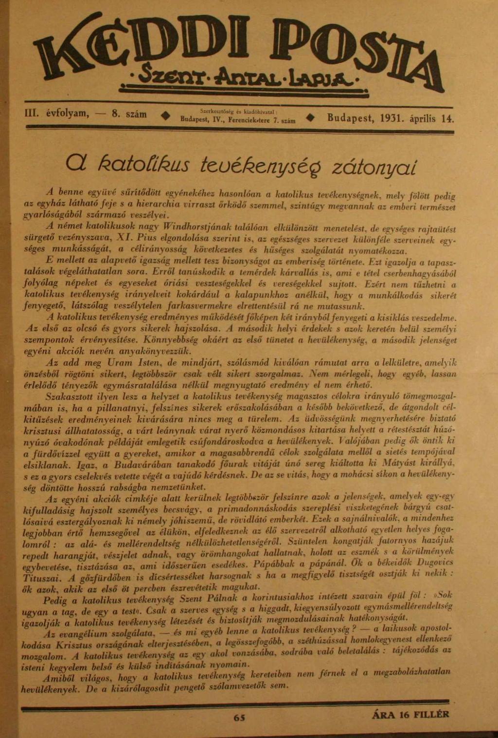 a Szem- AmavL» Ia o ia. m. évfolyam, - 8. szán, 4. Budapest. 1931.