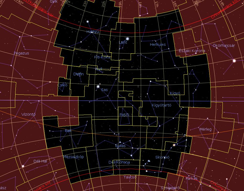 (16h 22h RA, cirkumpoláris körök között) Nyári csillagképek Skorpió Nyilas Bak Kígyótartó