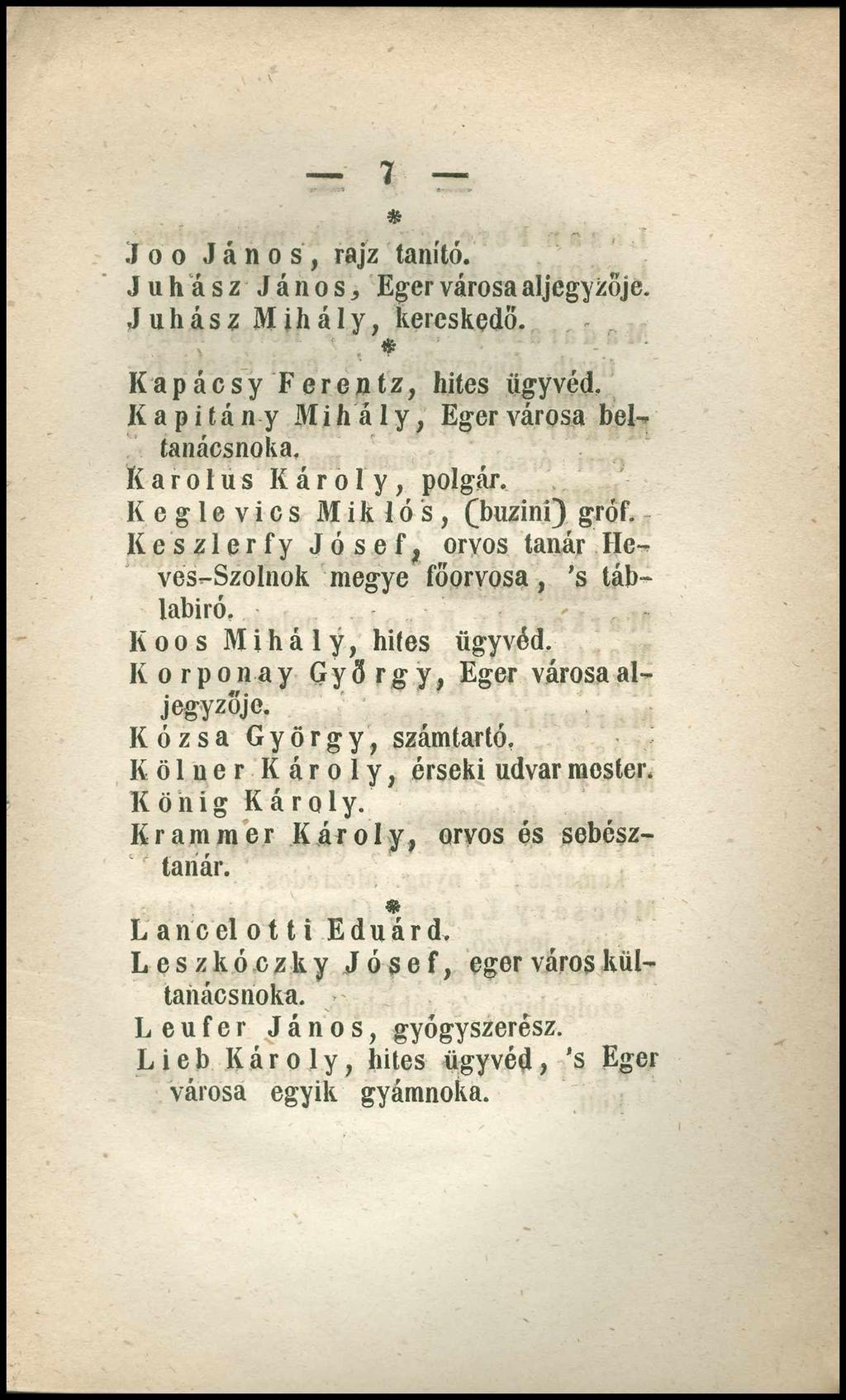 .1 ο o János, rajz tanító. Juhász János, Eger városa aljegyzője. Juhász Mihály, kereskedő. * Kapácsy Ferentz, hites ügyvéd. Kapitány Mihály, Eger városa bel-* tanácsnoka. Karolus Károly, polgár.