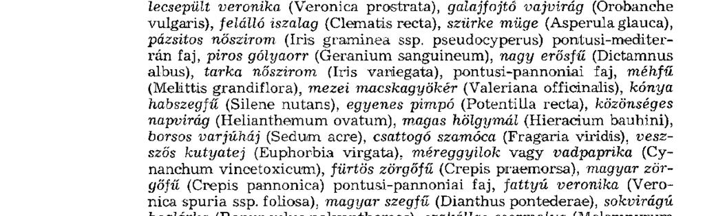 pacsirtafű (Polygala major), piros pozdor (Scorzonera purpurea), pongyola harangvirág (Campanula s'ibirica), hasznos tisztesfű (Stachys recta), korai kakukfű (Thymus praecox), lecsepült veronika