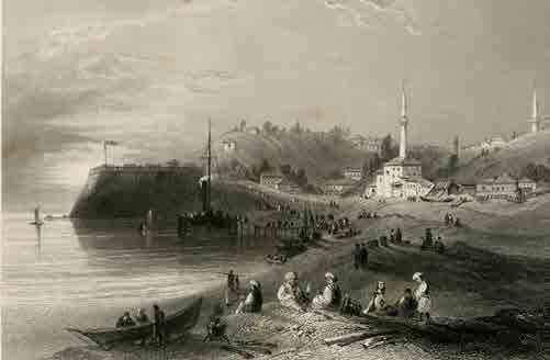 Ruszcsuk kikötője ismeretlen DDSG gőzhajóval 1844-ben.