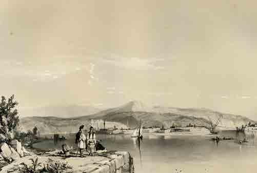 Ada Kaleh szigete és a vele átellenben fekvő Şistab a határőrvidéki Orsováról nézve 1838-ban. Illusztráció George Hering Sketches on the Danube című kiadványából V.