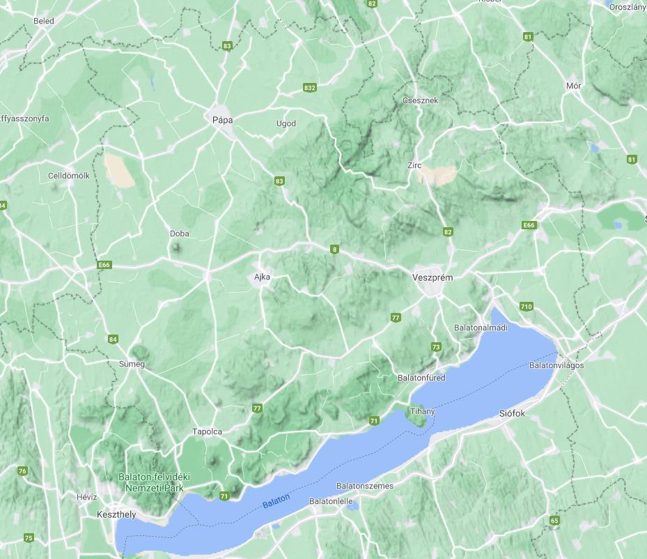5. ábra: Veszprém megye domborzati térképe Forrás: Google Maps 2021 A mindennapi kerékpározás elterjedtségét a településeken belüli és települések közötti távolságok is erősen befolyásolják.