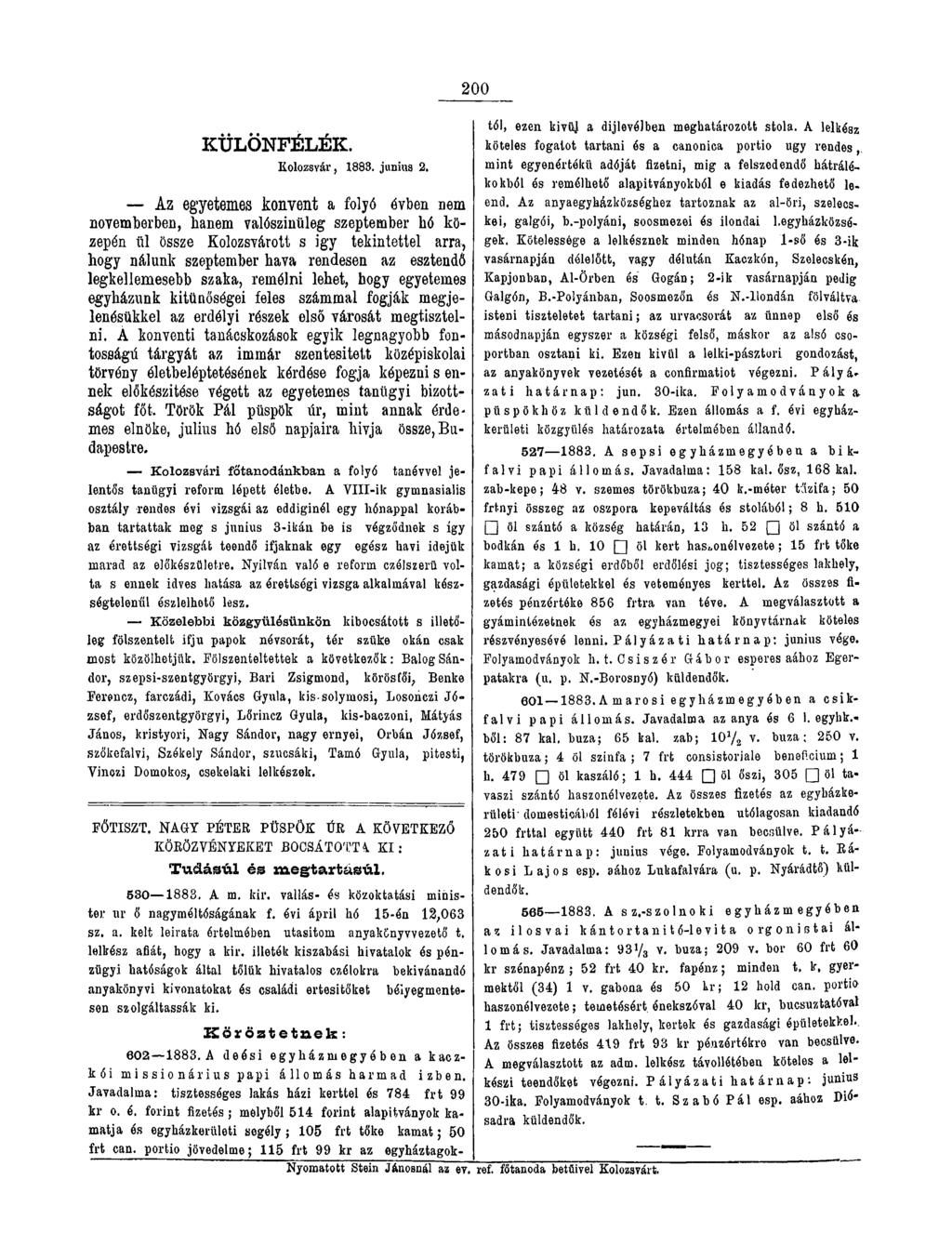 K Ü L Ö N F É L É K. Kolozsvár, 1883. június 2.