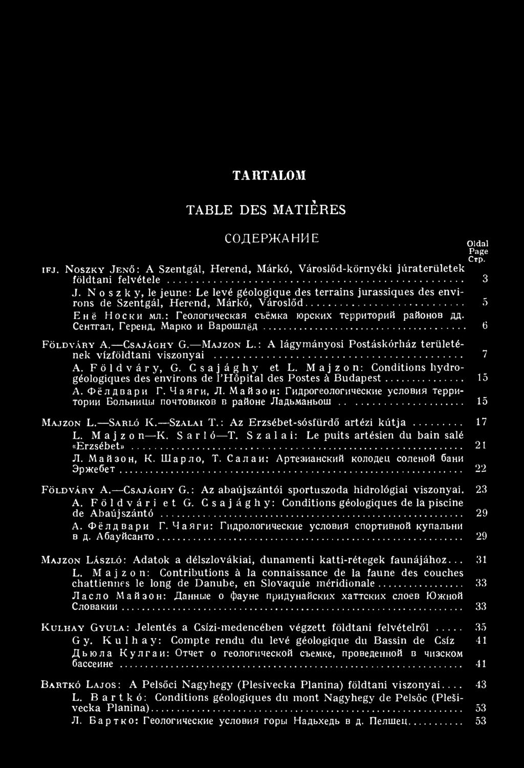 Сентгал, Геренд, Марко и ВарошлёД... 6 F ö l d v á r y А. Cs a j á g h y G. M a jz o n L. : A lágym ányosi Postáskórház területének vízföldtani viszonyai... 7 A. Földváry, G. C sajághy et L.