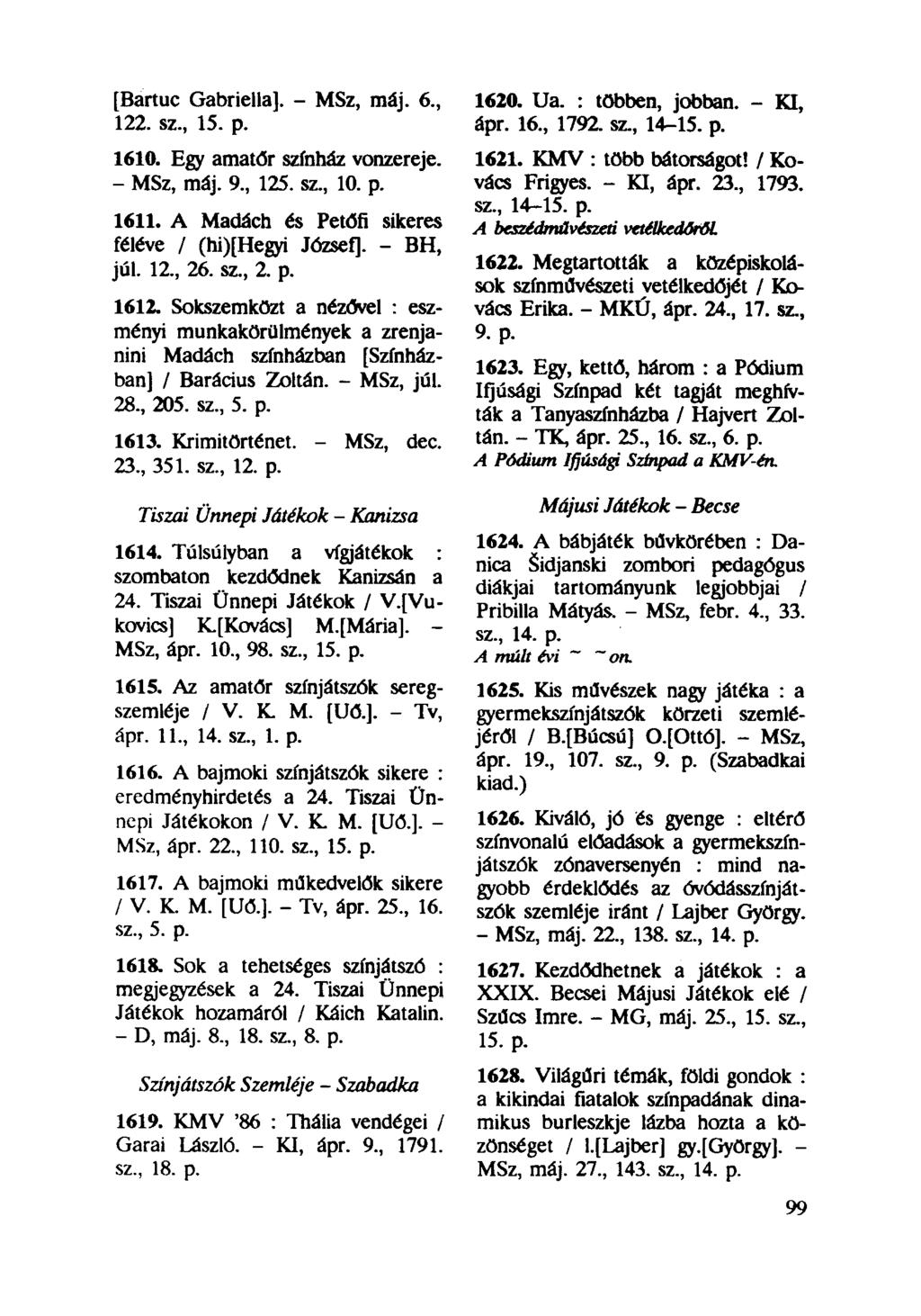 [Bartuc Gabriella]. - MSz, máj. 6, 122. sz, 15. p. 1610. Egy amatőr színház vonzereje. - MSz, máj. 9, 125. sz, 10. p. 1611. A Madách és Petőfi sikeres féléve / (hi)[hegyi József]. - BH, júl. 12, 26.