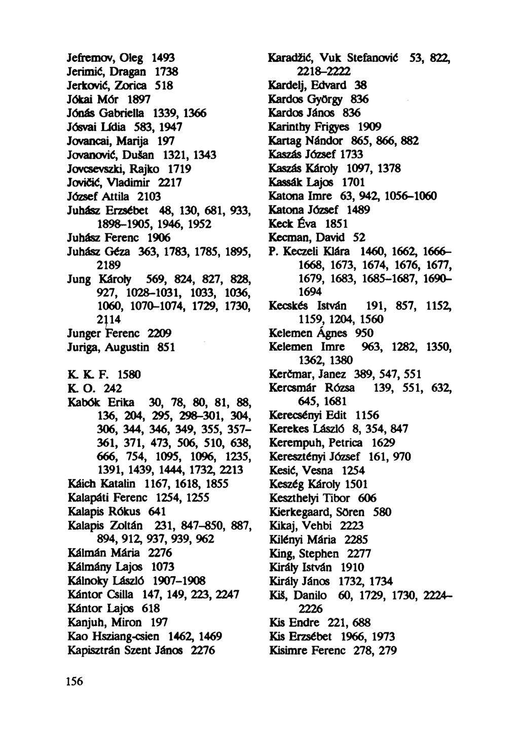 Jefrcmov, Oleg 1493 Jerimić, Dragan 1738 Jerković, Zorica 518 Jókai Mór 1897 Jónás Gabriella 1339, 1366 Jósvai Lídia 583, 1947 Jovancai, Marija 197 Jovanović, Dušan 1321, 1343 Jovcsevszki, Rajkó 1719