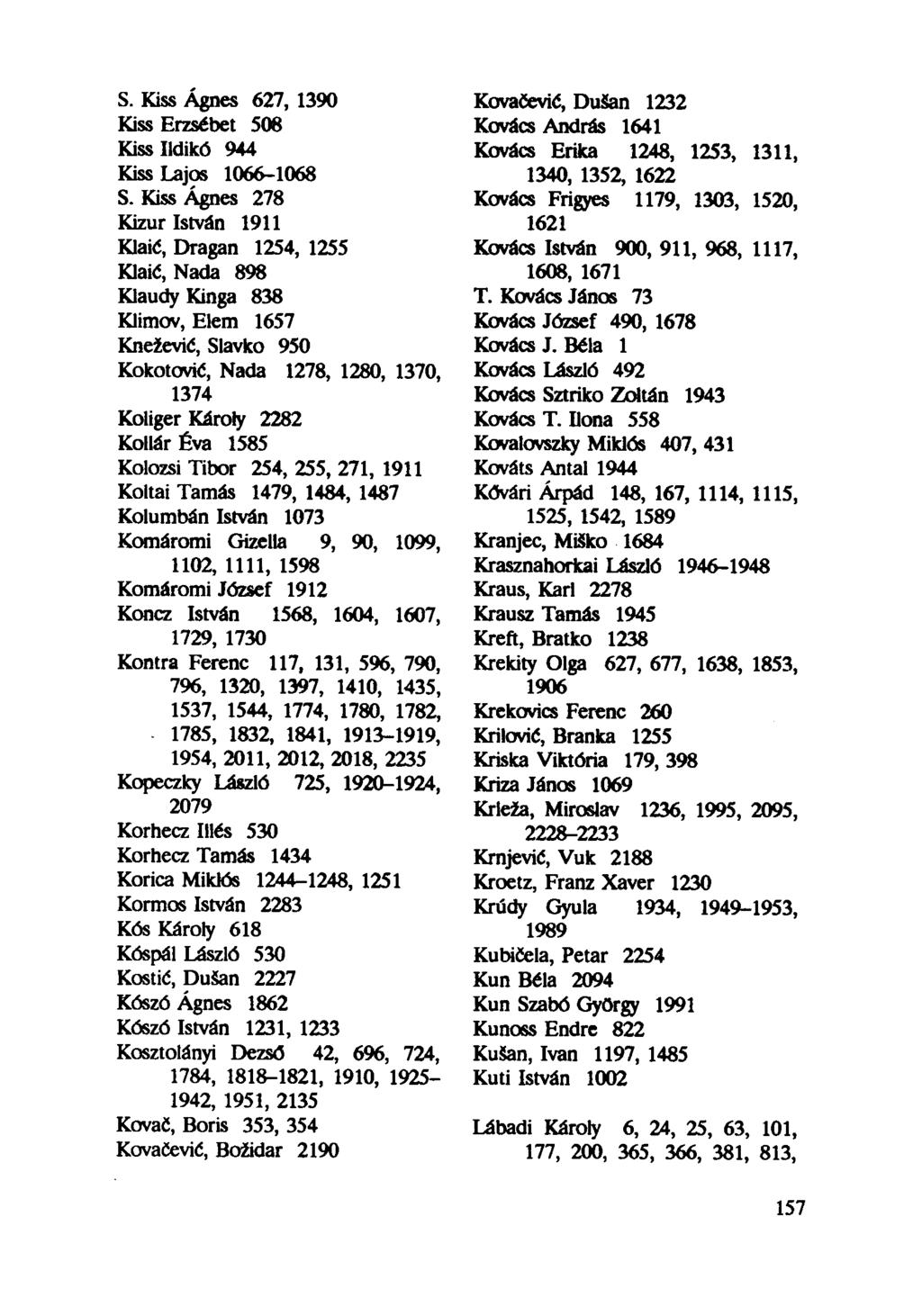 S. Kiss Ágnes 627, 1390 Kiss Erzsébet 508 Kiss Ildikó 944 Kiss Lajos 1066-1068 S.