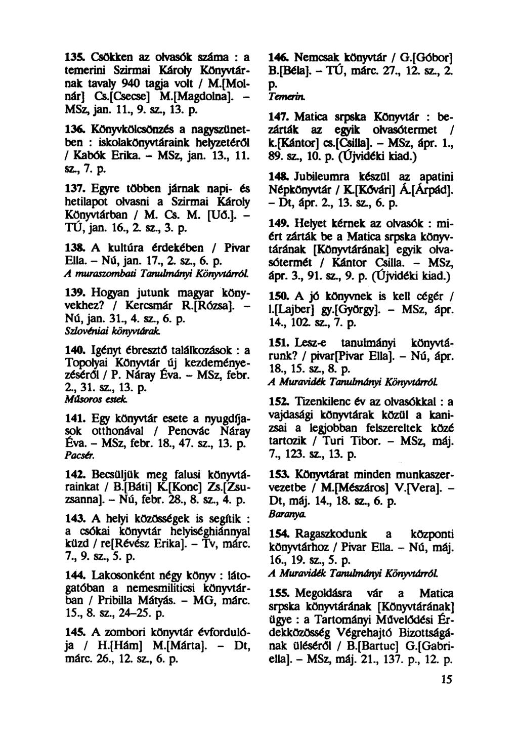 135. Csökken az olvasók száma : a temerini Szirmai Károly Könyvtárnak tavaly 940 tagja volt / M.[Molnár] Cs.[Csecse] M.[Magdolna]. - MSz, jan. 11., 9. sz., 13. p. 136.